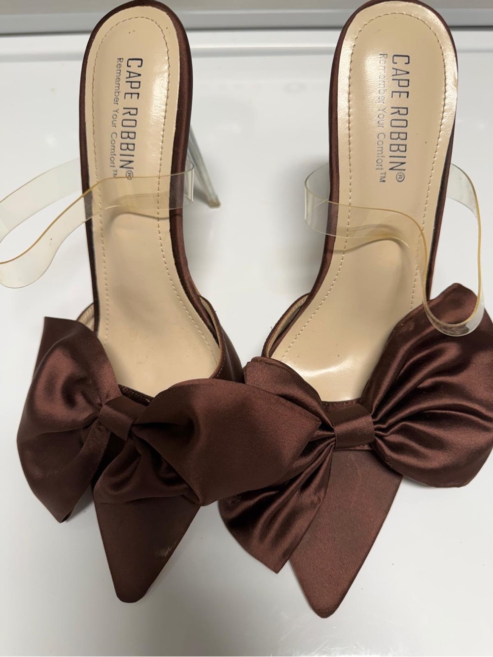 Cape Robbin Brown Satin Pointed Toe Bow Mules with Clear Strap